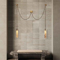 Derniers modèles de luminaires suspendus linéaires en métal et albâtre pour salon de villa, avec chaîne décorative et appliques murales