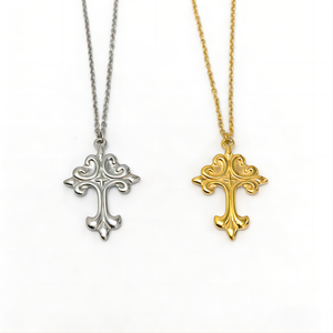 Collana con Pendente a Croce Fiammeggiante in Acciaio Inossidabile Placcato Oro 18K Impermeabile, Gioielli Punk Gotici per Uomo e Donna, Collana con Croce Intagliata - Product Image 1