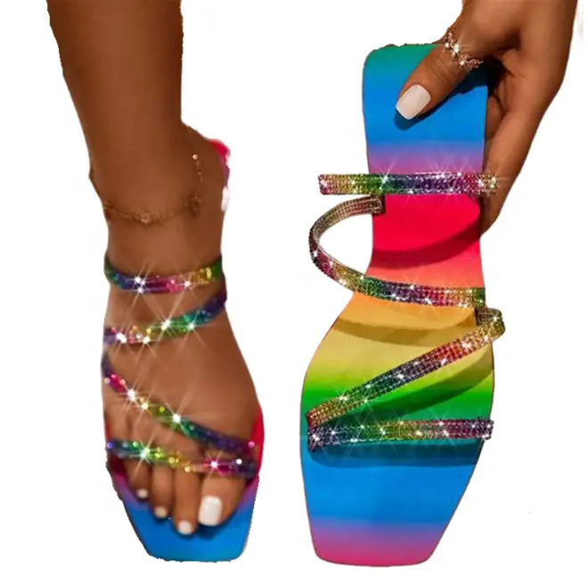 Brillo zapatillas mujeres sandalias de verano de moda Bling DE LA MUJER Color caramelo Flip Flops playa diamante zapatos planos sandalias al aire libre