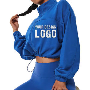 Factory Wholesale French Terry Stand Collar Full Zip Womens Hoodie Custom Logo Drop Shoulder Zipped Women's Cropped <b>Hoodies</b> - Product Image 2