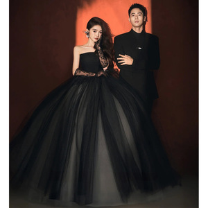 Black Strapless Ball Gown Chiffon Natural Waist Mesh Evening Dress For Banquet Birthday Wedding - Product Image 2