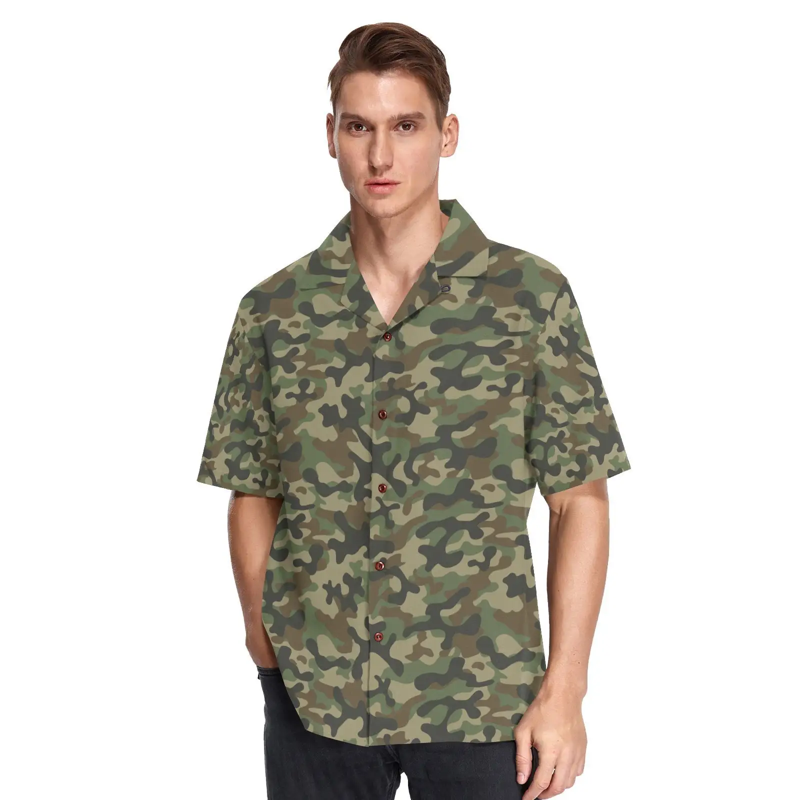 Khu Nghỉ Mát Giản Dị Tùy Chỉnh Camo In Mùa Hè Mens Ngắn Tay Áo Bãi Biển Hawaii Áo Sơ Mi Cho Nam Giới