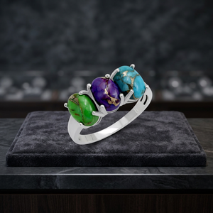 Anillo de Plata 925 con Tres Piedras Turquesa Verde, Morado y Azul, Anillo Bohemio con Piedras Naturales para Mujer, Estilo para Uso Diario - Product Image 3
