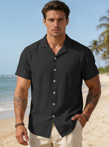 Nuova <span class=keywords><strong>Camicia</strong></span> Estiva da <span class=keywords><strong>Uomo</strong></span> in <span class=keywords><strong>Lino</strong></span> a Maniche Corte con Colletto, Tinta Unita, Traspirante, Ideale per Spiaggia e Attività all'Aperto - Product Image 6