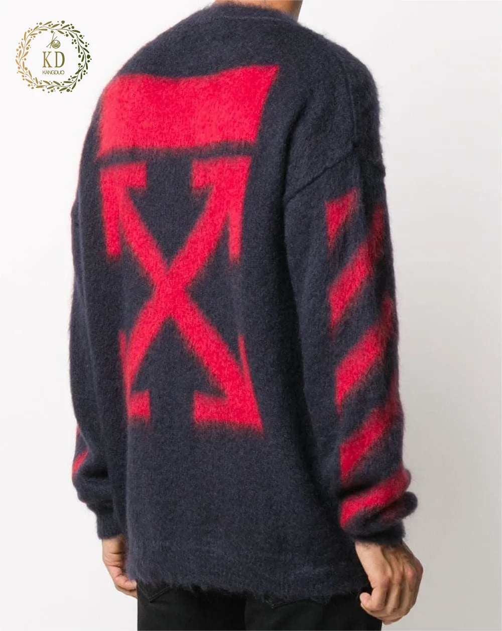 KD Knitwear Manufacturer Custom Fuzzy Crew Neck Mohair Men's Sweaters Designer Long Sleeve Arrow Mohair Sweater Custom Men