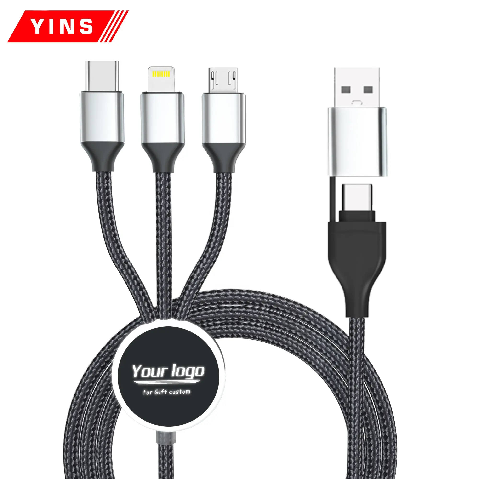 free shipping custom LED logo light up glow multi phone charger fast charging nylon universal USB PD data cable 6 in 1 for car
