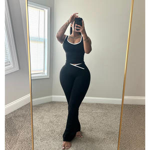 新款2件套女性对比色瑜伽套装健身瑜伽上衣和交叉喇叭裤两件套 - Product Image 4