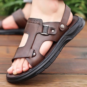 Sandales d'extérieur pour hommes, été, bout ouvert, semelle en caoutchouc, semelle intermédiaire en EVA, décontractées, à enfiler, dessus en cuir véritable, motif léopard, antichoc - Product Image 3