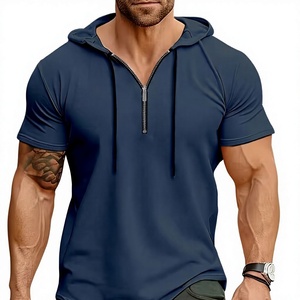T-shirt à manches courtes à capuche pour homme, couleur unie, tricoté, coupe classique, séchage rapide, décontracté, sportif, bleu, écologique, respirant - Product Image 2