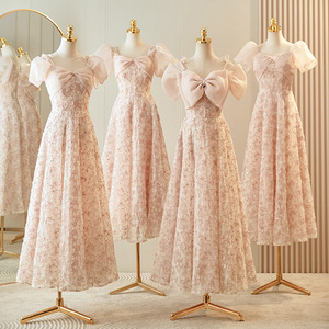 Pink Bridesmaid Dress Empire Waist A-Line Strapless 3D Floral Lace Evening Gown For Wedding Women - Product Image 2