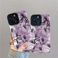 Étui de téléphone portable en cuir artificiel TPU avec impression vagues violettes et nœud papillon pour iPhone X Xr 11 12 13 14 15 16 17 18 Pro Max