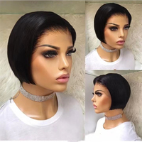 Perruque Courte Pixie Bon Marché Pré-Épilée Invisible en Dentelle Suisse, 100% Cheveux Humains Vierges, Perruques Lace Front pour Femmes Noires
