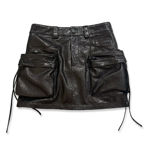 Jupe en cuir noir pour femme, à lacets sur le devant, avec poches, été, automne, printemps, taille naturelle, jupe en cuir véritable. - Product Image 3