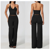 Pakaian Yoga Solid Berbahan Halus dengan Kerah V Dalam Model Halter, Menyerap Keringat, Bernapas, Bergaya, Set 2 Potong, Pakaian Aktif