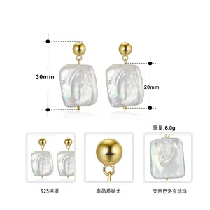 2024 NEW 925 Silver 18K Gold Plate Irregular Square Shape Baroque Natural Fresh Water Pearl Stud Drop Earrings For Women