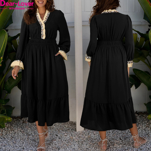 Dear-Lover Abito Midi da Donna con Scollo a V, Maniche a Bracciale, Orlo Arricciato e Dettagli Leopardati a Contrasto, Nero, per Boutique, Vendita all'Ingrosso - Product Image 1