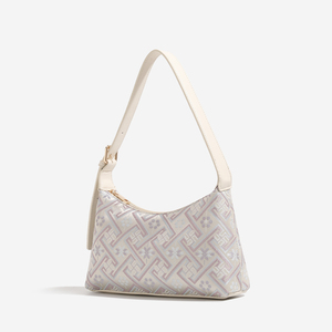 Sac à main élégant en jacquard artisanal, tons pastel doux, motif floral géométrique délicat, sangle réglable en cuir PU - Product Image 5