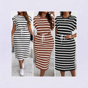 Pakaian Wanita Eropa Amerika untuk Perdagangan Lintas Batas di Situs Independen AliExpress, Gaun Bermotif Garis di Bagian Leher - Product Image 2