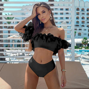Bikinis sexy à double volants <span class=keywords><strong>2022</strong></span>, maillot de bain pour femmes, rouge, taille haute, maillot de bain épaules dénudées, vêtements de plage, bandeau, bikini - Product Image 2