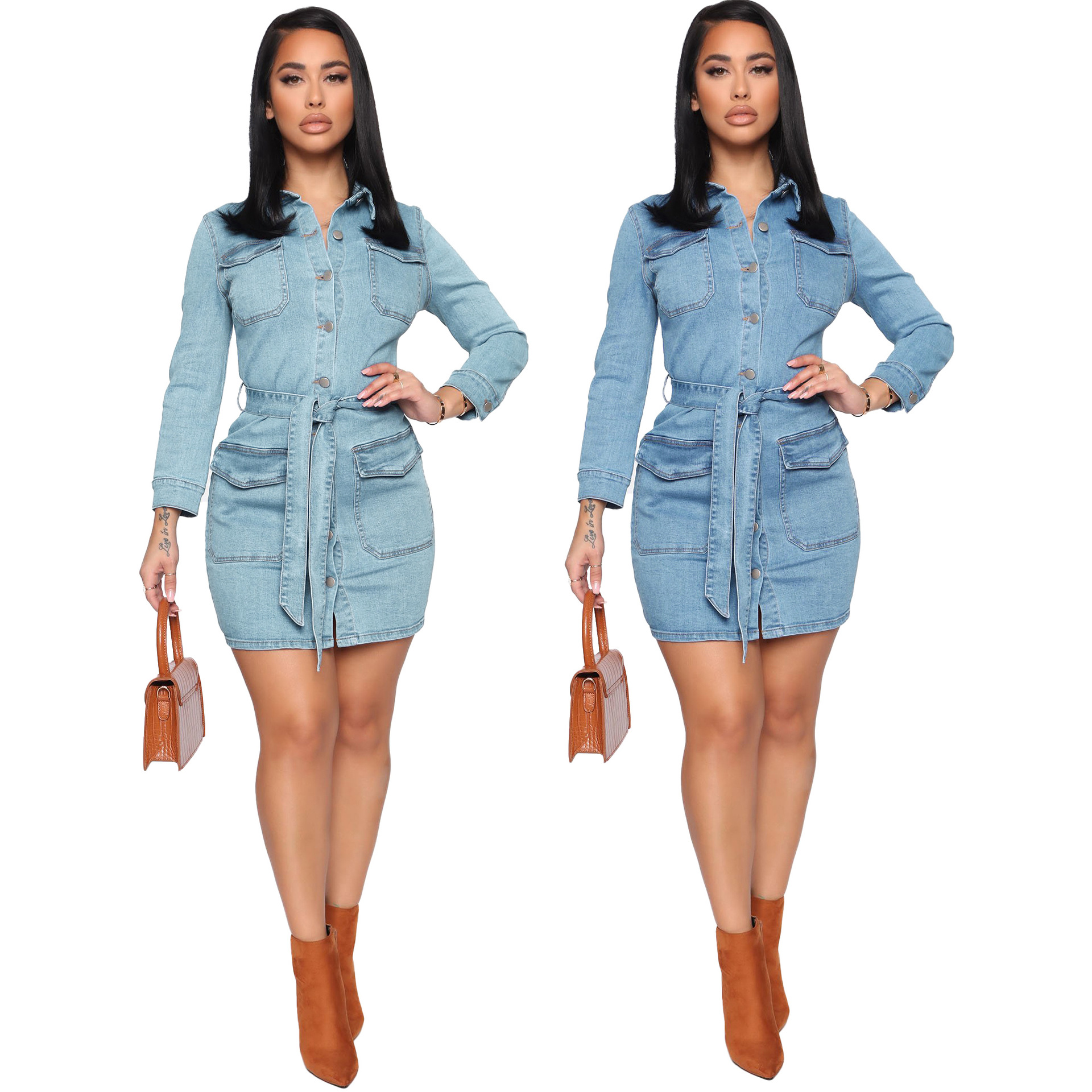 SMR9896 Nova Chegada Moda Manga Longa Denim Vestido Mulheres Slim Fit Jeans Vestidos Mulheres Senhora Elegante Meninas Vestidos Com Cintos