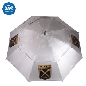 Promotional Gifts Folding Golf Umbrella Built-In Fan Water Spray UV Protection Custom Logo Multi Colored Wood Hanging Function - Product Image 1