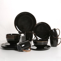 Services de vaisselle en porcelaine noire au design personnalisé avec bordure dorée, assiettes en céramique de luxe de luxe à prix bon marché