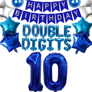 Kit de ballons pour 10e anniversaire à deux chiffres, ballons en feuille d'aluminium bleus en forme de lettres et de chiffres avec bannière Joyeux Anniversaire pour la décoration de fête de garçon - Product Image 1