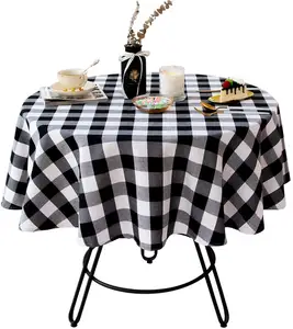 Toalha de mesa de poliéster, toalha xadrez branca e preta para mesa de jantar