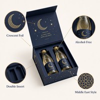 Boîte cadeau personnalisée pour boissons pétillantes sans alcool, double bouteille, boîte rigide bleu foncé avec feuille d'or en forme de croissant, emballage halal