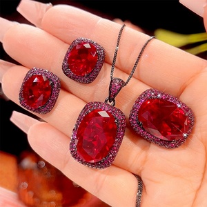 Fashion Eco-friendly Copper 13*18MM Zircon Simulant Black Gold Plated Halo <b>Earrings</b> <b>Set</b> Imitation Ruby Necklace Jewelry <b>Set</b> - Product Image 2