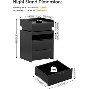Turosur Nightstands Set Of 2 Black Modern <b>LED</b> Wireless Charging Smart <b>Bedside</b> <b>Table</b> With Drawer Storage For Bedroom - Product Image 2