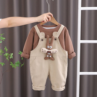 Ensemble 2 pièces pour bébé et tout-petit en mélange de coton, comprenant un sweat-shirt à motif animal 3D et un pantalon à bretelles avec poches, bordures côtelées et manchettes à volants boutonnées