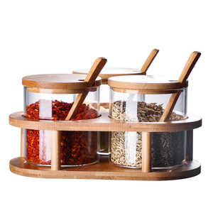 Logotipo personalizado Cremalheira De Madeira 280ml Especiarias Frasco De Vidro transparente Spice <span class=keywords><strong>Jar</strong></span> Set com Tampa De Bambu - Product Image 5