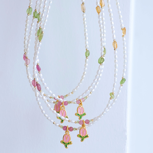 Delicate Sweet Cute 18K Gold Tulip <strong>Pendant</strong> Natural Freshwater <strong>Pearl</strong> Tourmaline Fine Beaded <strong>Necklace</strong> - Product Image 3