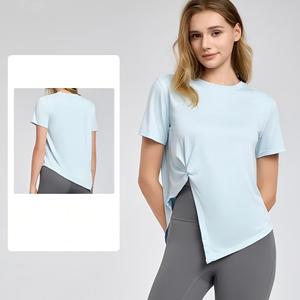 Wholesale Women's Side Twist Knot Yoga <b>Top</b> <b>Asymmetrical</b> <b>Hem</b> Short Sleeve Workout Shirt Quick Dry Breathable Pilates Activewear - Product Image 5