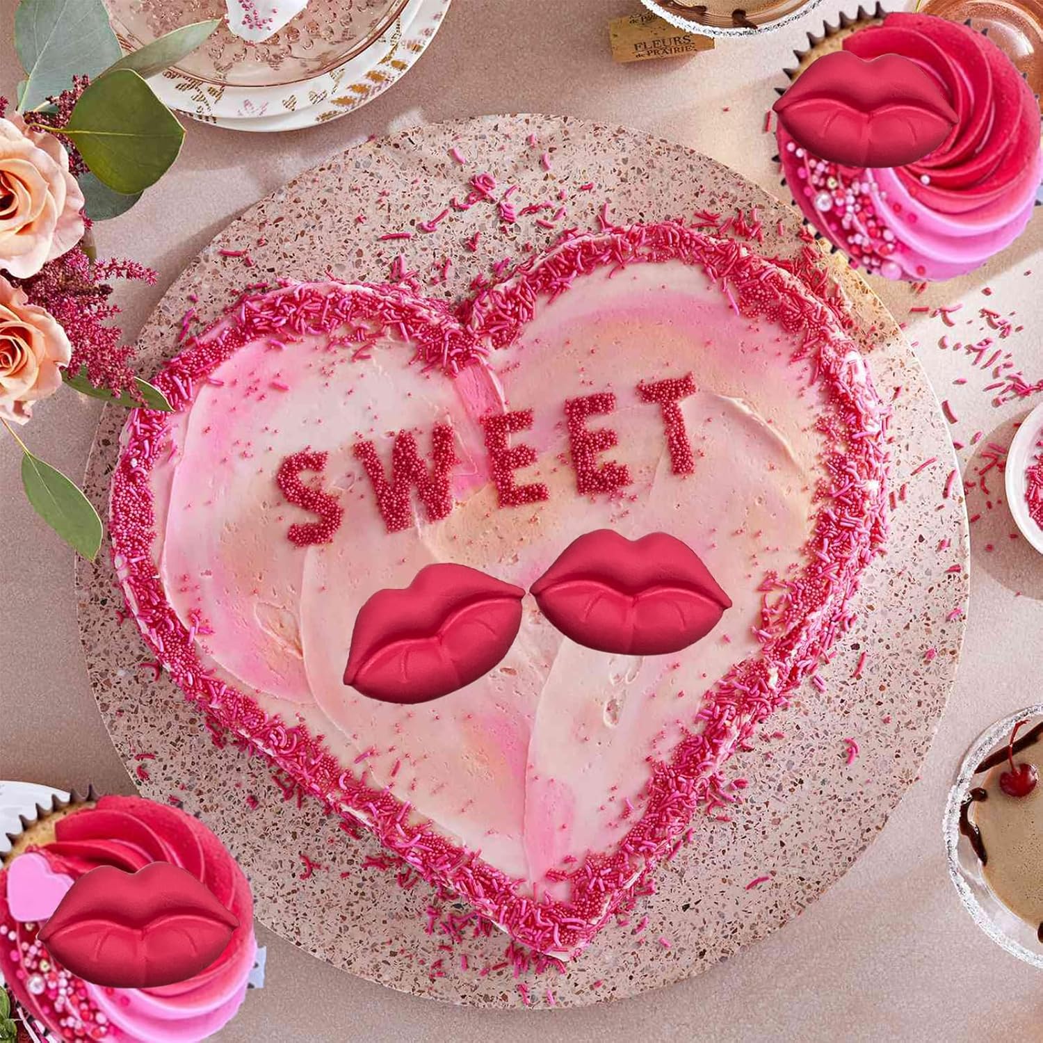 Valentine's Day Fondant & Chocolate Mold Set - 8-Piece Silicone Mold With Hearts, Roses, Lips