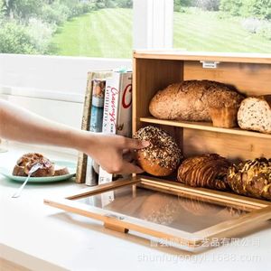 กล่องขนมปังไม้ชุนฟู่สองชั้นพร้อมประตูกระจก ชั้นวางของในครัว - Product Image 1