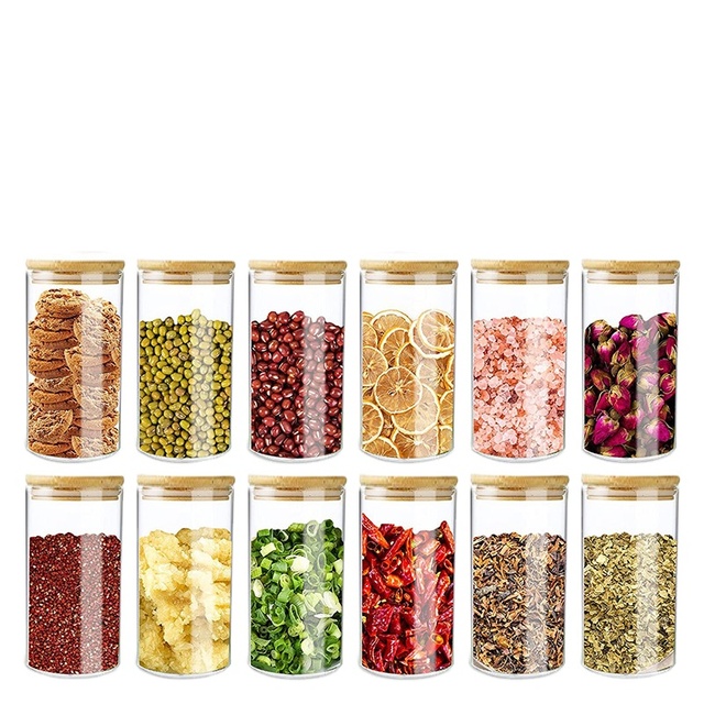 12 Pack Transparent 250ml Glass Containers for Food Storage Modern Spice Jars Set with Bamboo Airtight Lid and Label