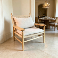 Fauteuil de loisirs en rotin et bois massif, chaise d'appoint en cannage tressé à la main avec coussin pour salon, balcon, salle de séjour