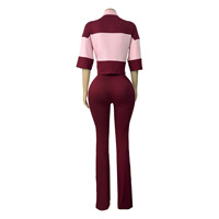 Setelan Olahraga Wanita 2 Potong Warna Kontras Kerah Polo Atasan Crop Top Celana Lebar Bergaris Samping Kasual