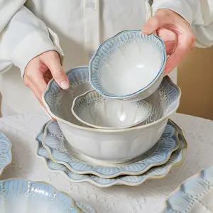 New Style Sense Light Luxury French Style Light Blue Color Ceramic Dish Set Home Tableware Embossed Craft Bowl & Plate &Dishes