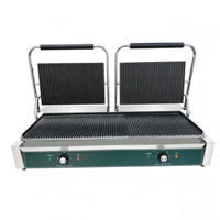 Grill de contact commercial 1800W avec plaques rainurées antiadhésives et température réglable pour café, charcuterie, food truck, préparation de sandwichs petit-déjeuner