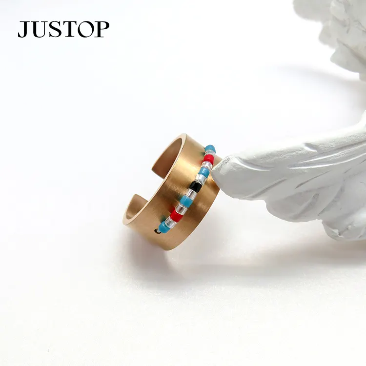Fashion New Design Stainless Steel 18k Gold Minimalist Geometric Beaded Charms Rings For Women