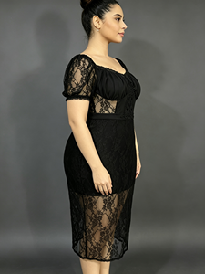 Robe midi noire en dentelle pour femme, manches bouffantes, col cœur, robe moulante, robe de soirée pour cocktail - Product Image 2