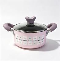 Casserole en aluminium moulé sous pression à imprimé floral rose clair, avec double poignée, revêtement antiadhésif et couvercle en verre, compatible induction