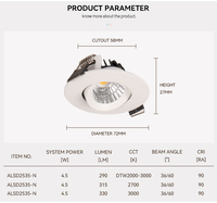 Plafonnier encastré LED COB DTW CE CRI90 36° Angle de faisceau Triac/0-10V/ Dimmable 4,5W Aluminium moulé sous pression Rond