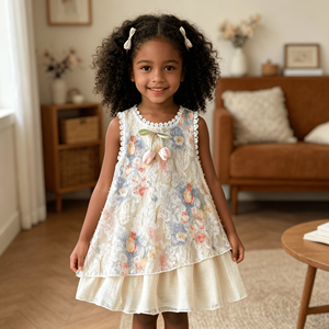 Abito da ragazza con stampa floreale e finiture in pizzo, senza maniche, con fiocco, decorazione a tulipano, doppio strato, casual, <span class=keywords><strong>per</strong></span> le vacanze estive - Product Image 4