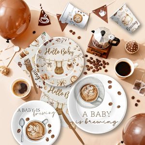 Décorations de fête prénatale sur le thème du café, avec assiette, serviette, tasse, toile de fond, bannière, nappe, spirale décorative, ballon et couverts - Product Image 6