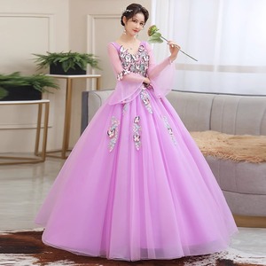 Purple Chiffon Ball Gown Scoop Neck Empire Waist Floral Print Long Evening Dress For Women - Product Image 2