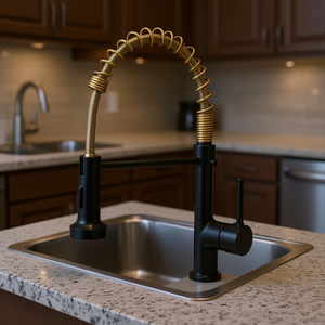 Robinet de cuisine monocommande extractible DB, noir et or, à poser sur comptoir, design moderne, 1 trou, valve en céramique - Product Image 2